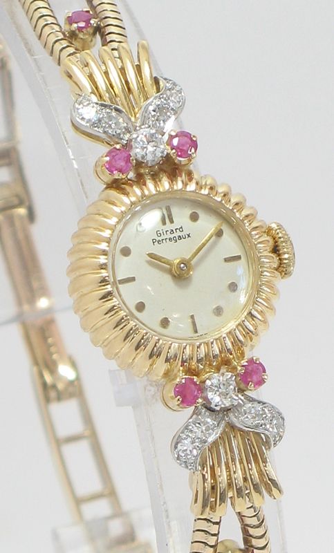 fig 4. STUNNING GIRARD-PERREGAUX SOLID 18CT GOLD RUBY AND DIAMOND LADIES VINTAGE COCKTAIL WATCH c1955