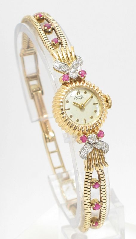 fig 5. STUNNING GIRARD-PERREGAUX SOLID 18CT GOLD RUBY AND DIAMOND LADIES VINTAGE COCKTAIL WATCH c1955