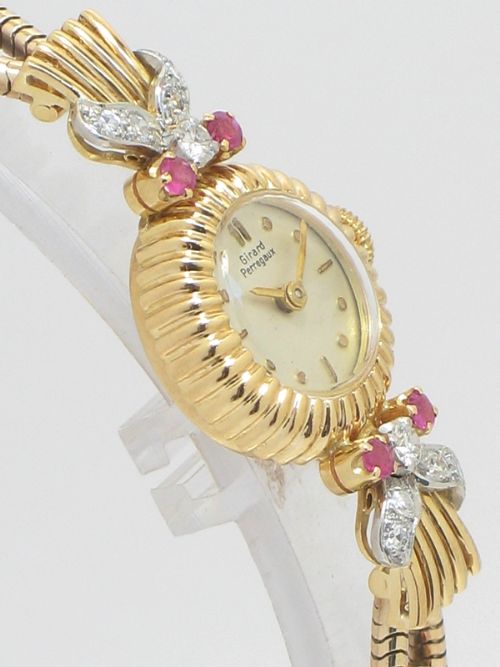 fig 6. STUNNING GIRARD-PERREGAUX SOLID 18CT GOLD RUBY AND DIAMOND LADIES VINTAGE COCKTAIL WATCH c1955