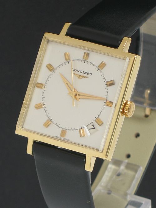 fig 4. RARE SOLID 18CT GOLD LARGE SQUARE DIAL LONGINES MENS WATCH WITH BOX c1971