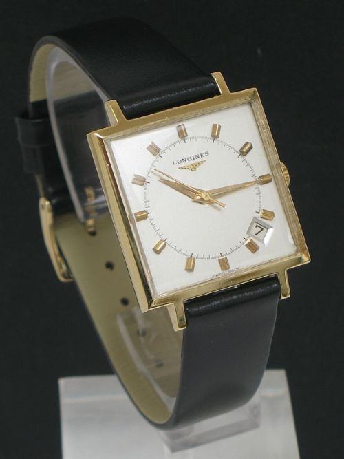 Rare Solid 18ct Gold Large Square Dial Longines Mens Watch with Box C1971
