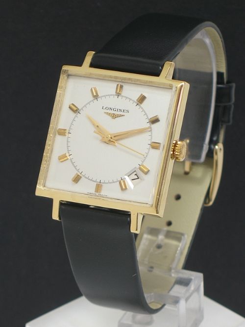 fig 1. RARE SOLID 18CT GOLD LARGE SQUARE DIAL LONGINES MENS WATCH WITH BOX c1971