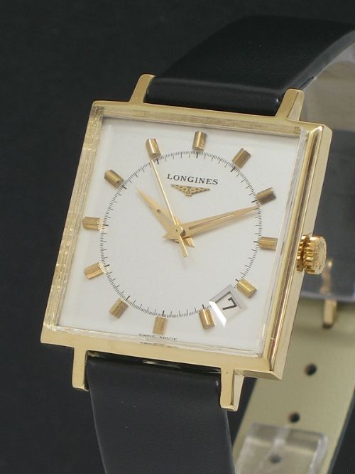 fig 2. RARE SOLID 18CT GOLD LARGE SQUARE DIAL LONGINES MENS WATCH WITH BOX c1971