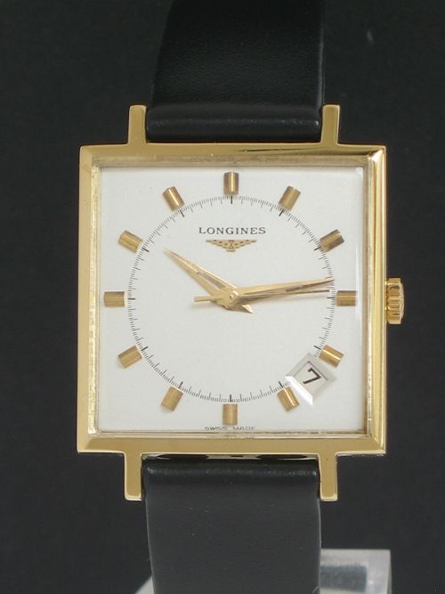 fig 3. RARE SOLID 18CT GOLD LARGE SQUARE DIAL LONGINES MENS WATCH WITH BOX c1971