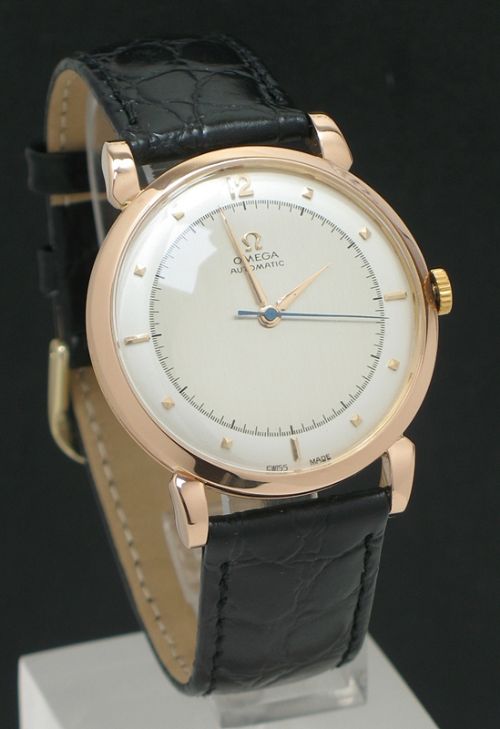 fig 1. INCREDIBLY RARE SOLID 18CT ROSE GOLD OMEGA BUMPER AUTOMATIC 28.10RA JUMBO OVERSIZE MENS WATCH WITH ORIGINAL BOX C1949
