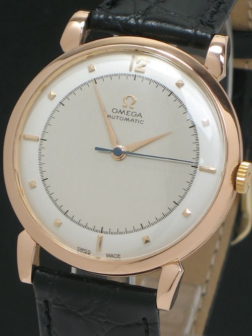 fig 2. INCREDIBLY RARE SOLID 18CT ROSE GOLD OMEGA BUMPER AUTOMATIC 28.10RA JUMBO OVERSIZE MENS WATCH WITH ORIGINAL BOX C1949