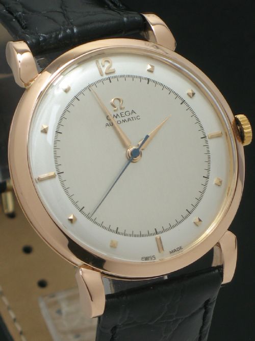 fig 3. INCREDIBLY RARE SOLID 18CT ROSE GOLD OMEGA BUMPER AUTOMATIC 28.10RA JUMBO OVERSIZE MENS WATCH WITH ORIGINAL BOX C1949