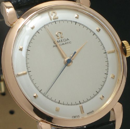 fig 4. INCREDIBLY RARE SOLID 18CT ROSE GOLD OMEGA BUMPER AUTOMATIC 28.10RA JUMBO OVERSIZE MENS WATCH WITH ORIGINAL BOX C1949