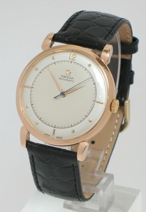 fig 5. INCREDIBLY RARE SOLID 18CT ROSE GOLD OMEGA BUMPER AUTOMATIC 28.10RA JUMBO OVERSIZE MENS WATCH WITH ORIGINAL BOX C1949