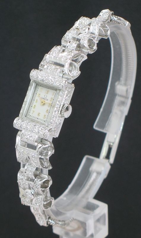 fig 1. UNIQUE OMEGA PLATINUM AND DIAMOND ART NOUVEAU LADIES COCKTAIL WATCH C1940