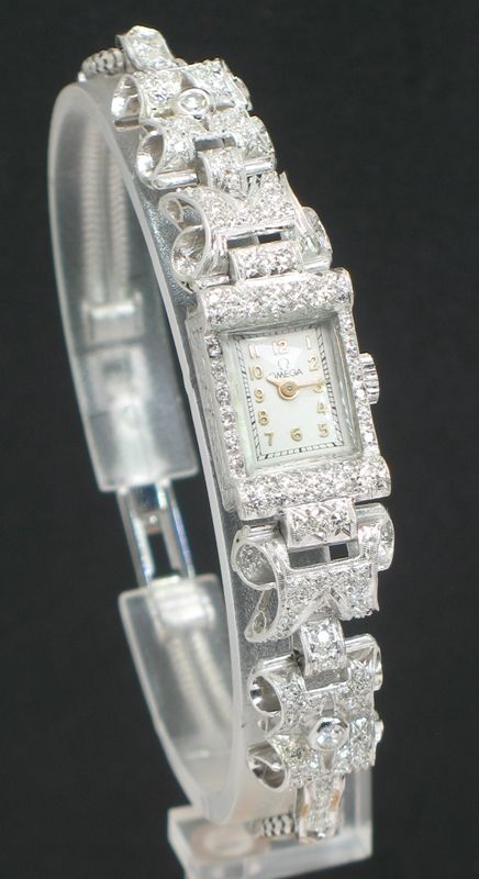 fig 3. UNIQUE OMEGA PLATINUM AND DIAMOND ART NOUVEAU LADIES COCKTAIL WATCH C1940