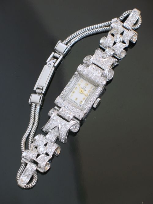 fig 4. UNIQUE OMEGA PLATINUM AND DIAMOND ART NOUVEAU LADIES COCKTAIL WATCH C1940