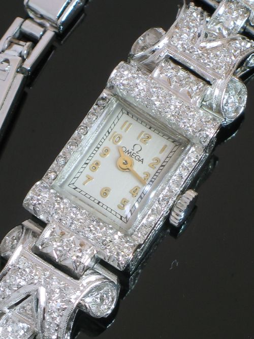fig 6. UNIQUE OMEGA PLATINUM AND DIAMOND ART NOUVEAU LADIES COCKTAIL WATCH C1940