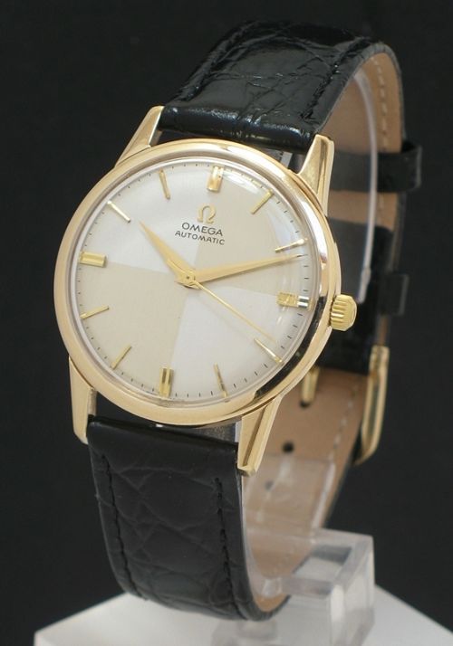 fig 1. STUNNING SOLID 9CT GOLD OMEGA AUTOMATIC CALIBRE 552 AUTOMATIC HARLEQUIN DIAL VINTAGE MENS WATCH