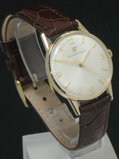 fig 1. MINT ORIGINAL CONDITION SOLID 9CT GOLD GIRARD-PERREGAUX MENS VINTAGE WATCH WITH BOX