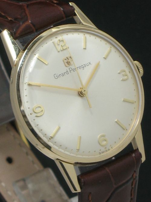 fig 4. MINT ORIGINAL CONDITION SOLID 9CT GOLD GIRARD-PERREGAUX MENS VINTAGE WATCH WITH BOX