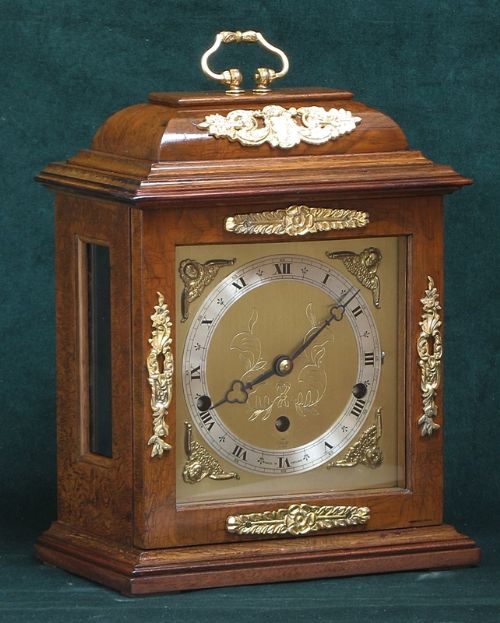 Beautiful Burr Walnut Westminster and Whittington Chime Bracket or Mantel Clock by Elliott of London