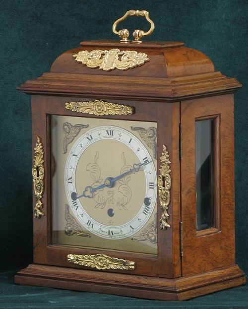fig 1. BEAUTIFUL BURR WALNUT WESTMINSTER AND WHITTINGTON CHIME BRACKET OR MANTEL CLOCK BY ELLIOTT OF LONDON