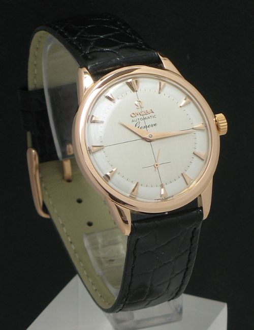 fig 1. RARE SOLID 18CT ROSE GOLD OMEGA GENEVE AUTO MENS VINTAGE WATCH WITH BOX C1958