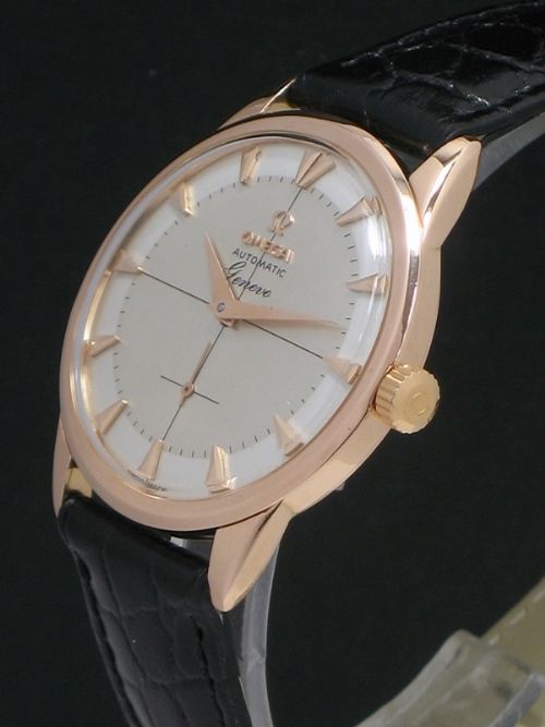 fig 3. RARE SOLID 18CT ROSE GOLD OMEGA GENEVE AUTO MENS VINTAGE WATCH WITH BOX C1958