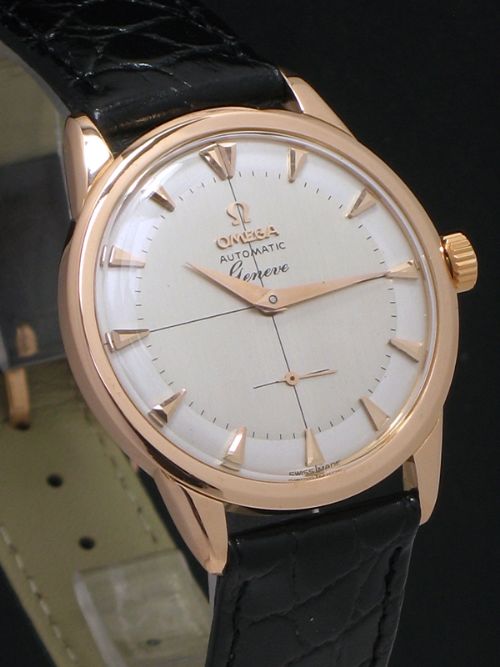 fig 4. RARE SOLID 18CT ROSE GOLD OMEGA GENEVE AUTO MENS VINTAGE WATCH WITH BOX C1958