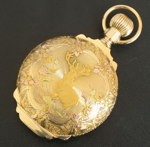fig 1. IMPRESSIVE LARGE SOLID 14CT 14K TRI COLOUR GOLD HAMILTON CALIBRE 927 POCKET WATCH WITH CHAIN C1907