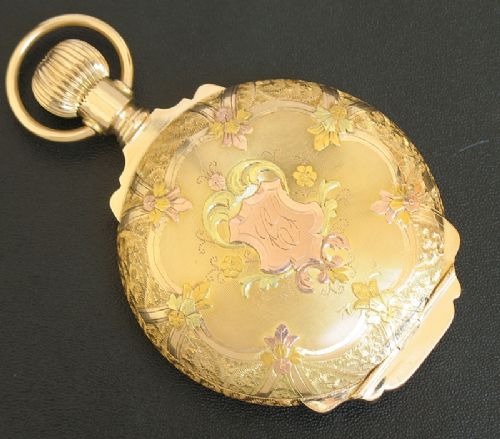 fig 2. IMPRESSIVE LARGE SOLID 14CT 14K TRI COLOUR GOLD HAMILTON CALIBRE 927 POCKET WATCH WITH CHAIN C1907