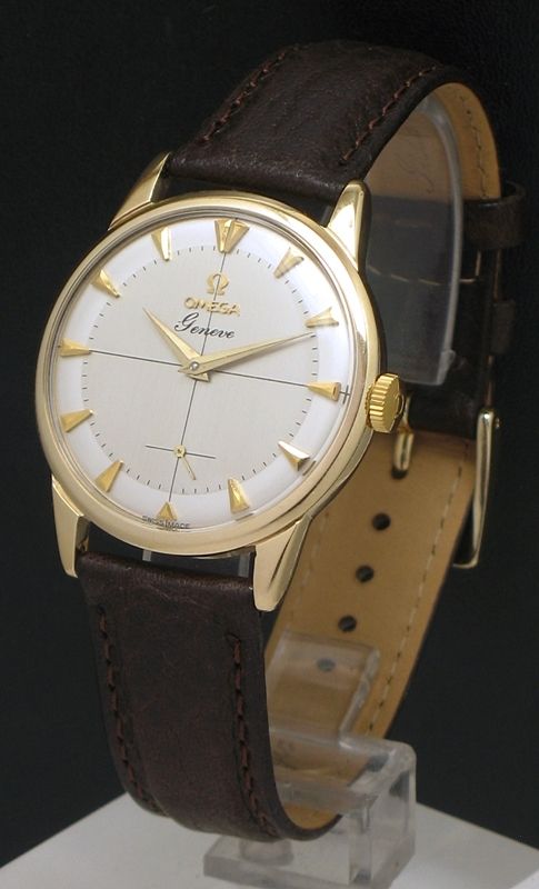 fig 1. SUPERB SOLID 9CT GOLD OMEGA GENEVE TWO TONE DIAL MENS VINTAGE WATCH C1959