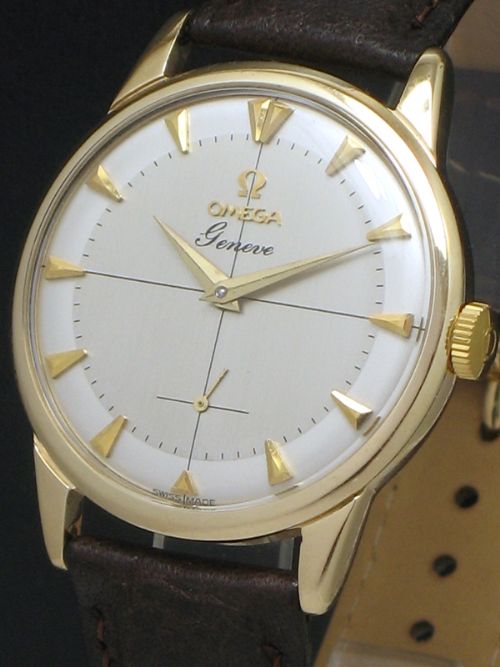 fig 2. SUPERB SOLID 9CT GOLD OMEGA GENEVE TWO TONE DIAL MENS VINTAGE WATCH C1959