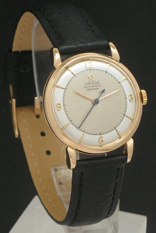 fig 1. INCREDIBLE SOLID 18CT ROSE GOLD OMEGA TRESOR AUTOMATIC CALIBRE 351 BUMPER MENS WATCH WITH BOX C1949
