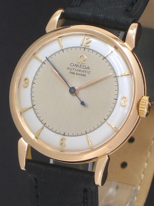 fig 2. INCREDIBLE SOLID 18CT ROSE GOLD OMEGA TRESOR AUTOMATIC CALIBRE 351 BUMPER MENS WATCH WITH BOX C1949