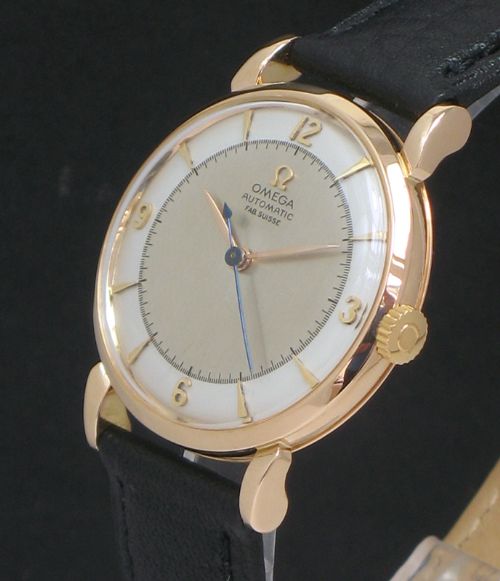 fig 3. INCREDIBLE SOLID 18CT ROSE GOLD OMEGA TRESOR AUTOMATIC CALIBRE 351 BUMPER MENS WATCH WITH BOX C1949
