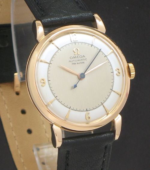 fig 4. INCREDIBLE SOLID 18CT ROSE GOLD OMEGA TRESOR AUTOMATIC CALIBRE 351 BUMPER MENS WATCH WITH BOX C1949
