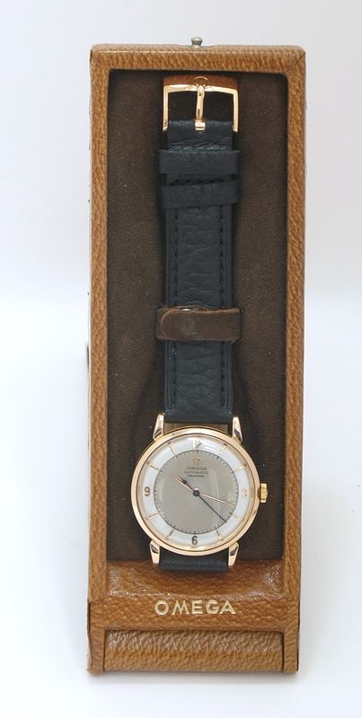 fig 7. INCREDIBLE SOLID 18CT ROSE GOLD OMEGA TRESOR AUTOMATIC CALIBRE 351 BUMPER MENS WATCH WITH BOX C1949