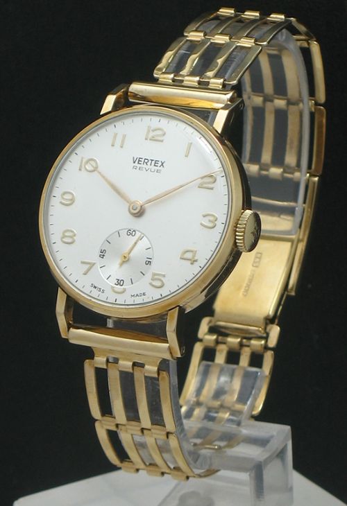 fig 1. ORIGNAL SOLID 9CT GOLD VERTEX REVUE MENS WATCH AND BRACELET C1959