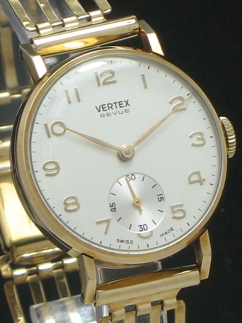 fig 3. ORIGNAL SOLID 9CT GOLD VERTEX REVUE MENS WATCH AND BRACELET C1959