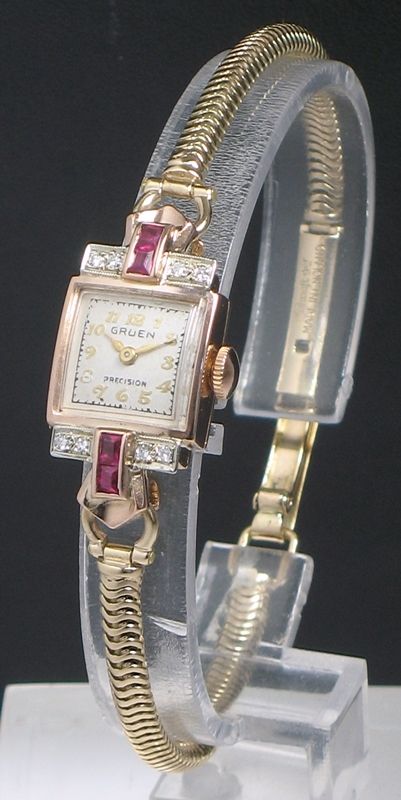 Wonderful Gruen Rose and Yellow Gold Ladies Cocktail Watch with Diamonds and Rubies C1950