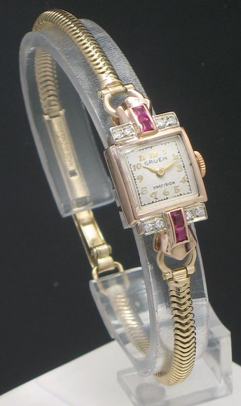 fig 1. WONDERFUL GRUEN ROSE AND YELLOW GOLD LADIES COCKTAIL WATCH WITH DIAMONDS AND RUBIES C1950