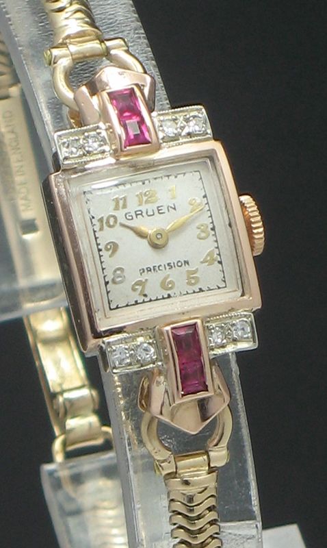 fig 2. WONDERFUL GRUEN ROSE AND YELLOW GOLD LADIES COCKTAIL WATCH WITH DIAMONDS AND RUBIES C1950