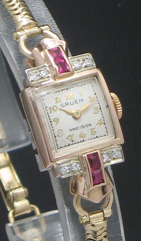 fig 3. WONDERFUL GRUEN ROSE AND YELLOW GOLD LADIES COCKTAIL WATCH WITH DIAMONDS AND RUBIES C1950
