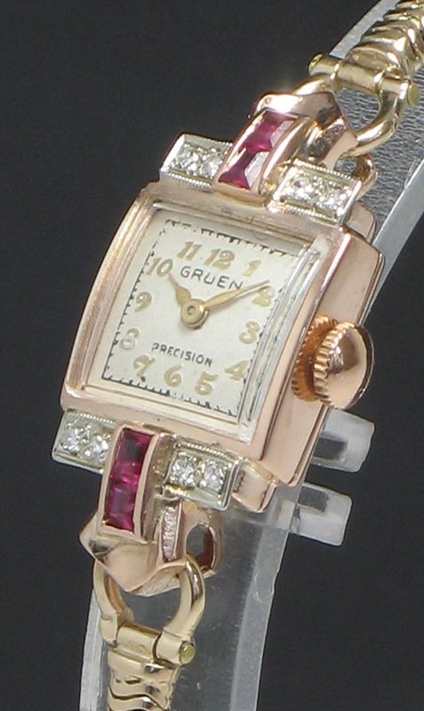 fig 4. WONDERFUL GRUEN ROSE AND YELLOW GOLD LADIES COCKTAIL WATCH WITH DIAMONDS AND RUBIES C1950
