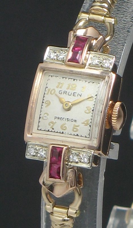 fig 5. WONDERFUL GRUEN ROSE AND YELLOW GOLD LADIES COCKTAIL WATCH WITH DIAMONDS AND RUBIES C1950