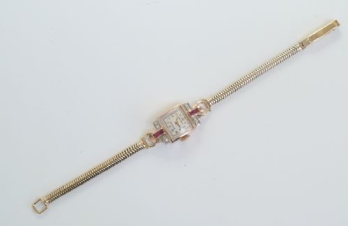 fig 6. WONDERFUL GRUEN ROSE AND YELLOW GOLD LADIES COCKTAIL WATCH WITH DIAMONDS AND RUBIES C1950