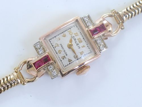 fig 7. WONDERFUL GRUEN ROSE AND YELLOW GOLD LADIES COCKTAIL WATCH WITH DIAMONDS AND RUBIES C1950