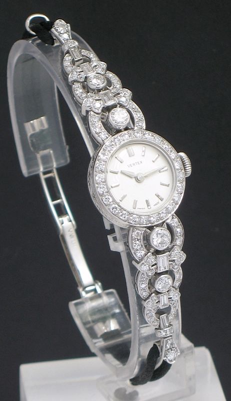 fig 1. ABSOLUTELY EXQUISITE ORIGINAL VERTEX PLATINUM AND 2.5CTS DIAMOND ART DECO LADIES COCKTAIL WATCH C1955