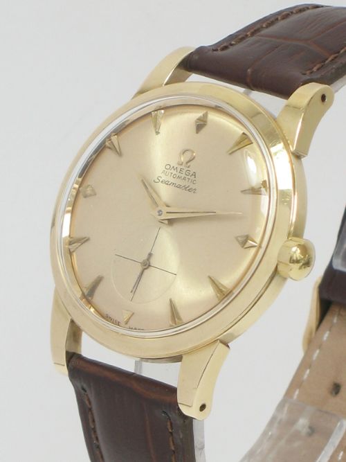 fig 1. Incredibly rare Captain Hunter's Omega Seamaster Oversize Deluxe in solid 14ct gold c1953