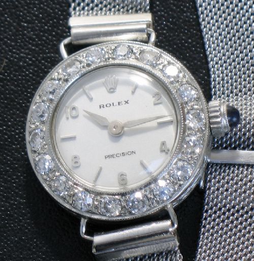 fig 5. BEAUTIFUL ROLEX PRECISION SOLID 18CT WHITE GOLD AND DIAMOND LADIES ART DECO COCKTAIL WATCH C1929