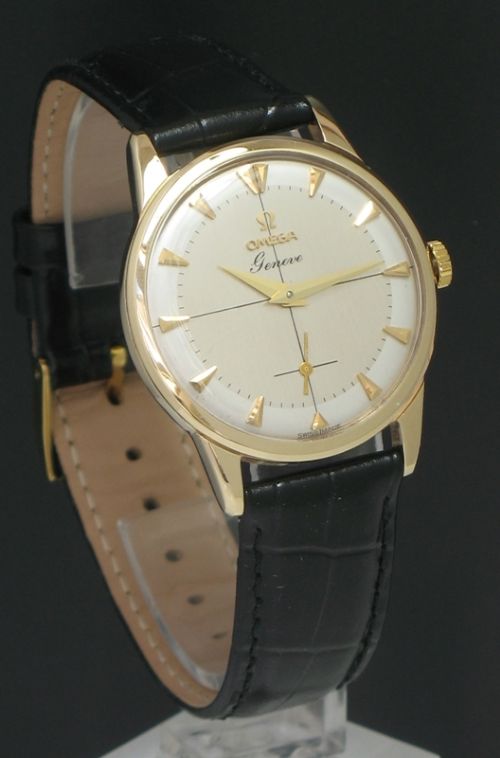 fig 1. SUPERB SOLID 9CT GOLD OMEGA GENEVE TWO TONE DIAL MENS WATCH C1958