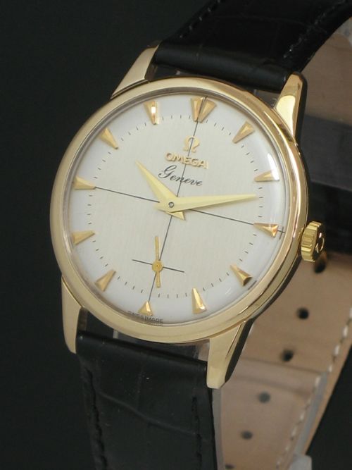 fig 2. SUPERB SOLID 9CT GOLD OMEGA GENEVE TWO TONE DIAL MENS WATCH C1958