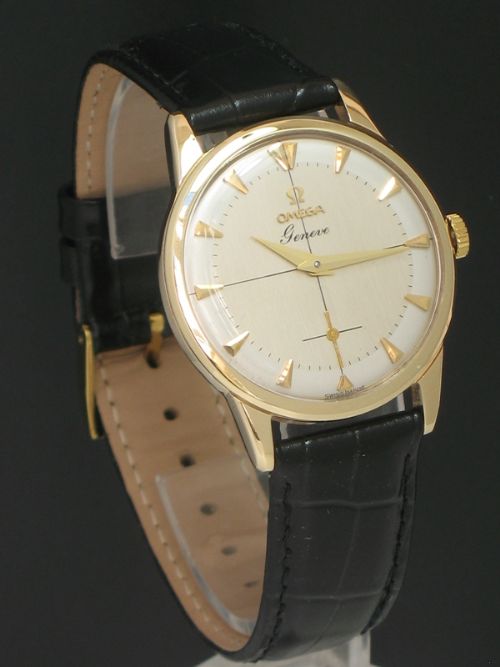fig 3. SUPERB SOLID 9CT GOLD OMEGA GENEVE TWO TONE DIAL MENS WATCH C1958